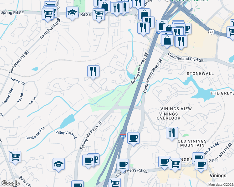 map of restaurants, bars, coffee shops, grocery stores, and more near 2300 Cumberland Court in Smyrna