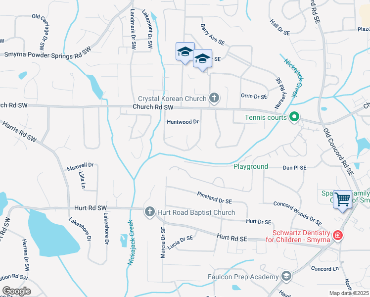 map of restaurants, bars, coffee shops, grocery stores, and more near 3235 Foxwood Trail Southeast in Smyrna