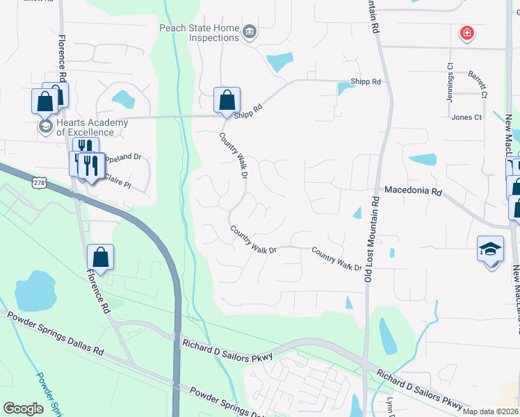 map of restaurants, bars, coffee shops, grocery stores, and more near 4800 Hunters Trce in Powder Springs