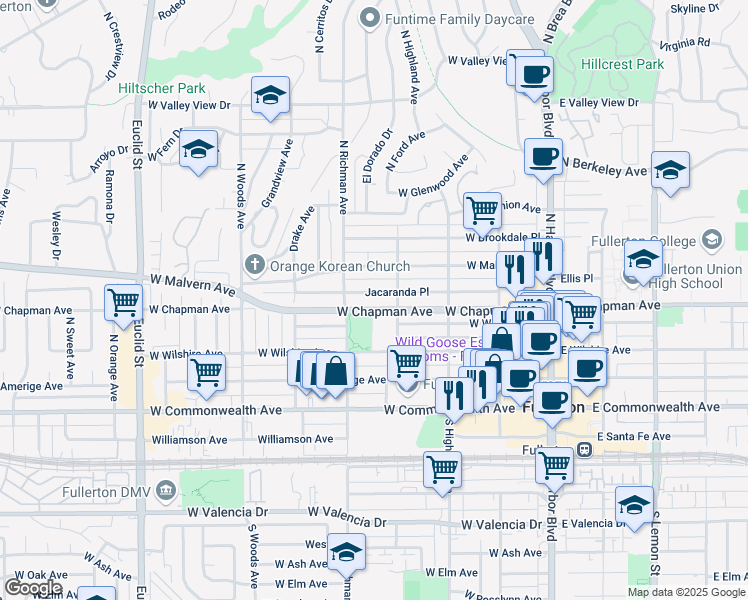 map of restaurants, bars, coffee shops, grocery stores, and more near 413 Jacaranda Place in Fullerton