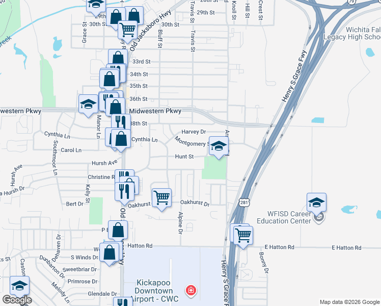 map of restaurants, bars, coffee shops, grocery stores, and more near 1301 Montgomery Street in Wichita Falls