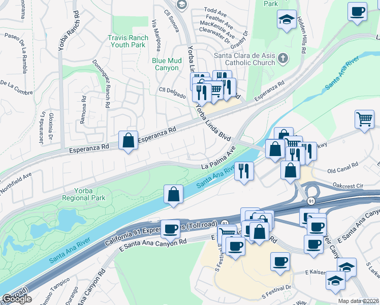 map of restaurants, bars, coffee shops, grocery stores, and more near 1190 Amberly Lane in Anaheim