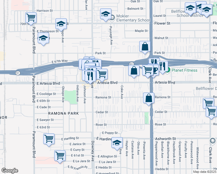 map of restaurants, bars, coffee shops, grocery stores, and more near 8564 Artesia Blvd in Bellflower