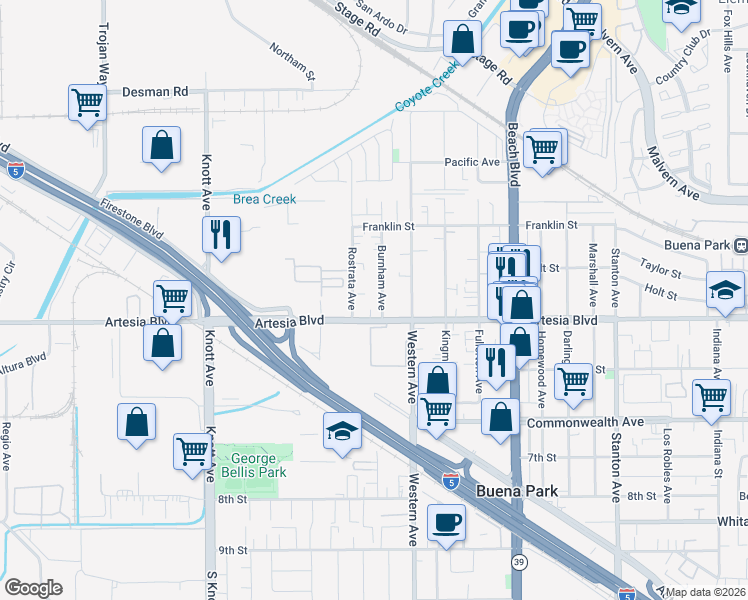 map of restaurants, bars, coffee shops, grocery stores, and more near 5933 Burnham Avenue in Buena Park