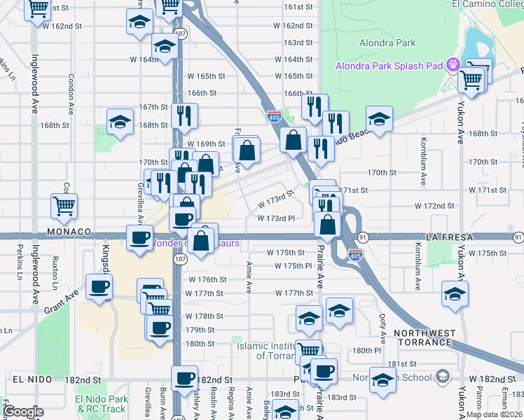 map of restaurants, bars, coffee shops, grocery stores, and more near 4152 West 173rd Street in Torrance