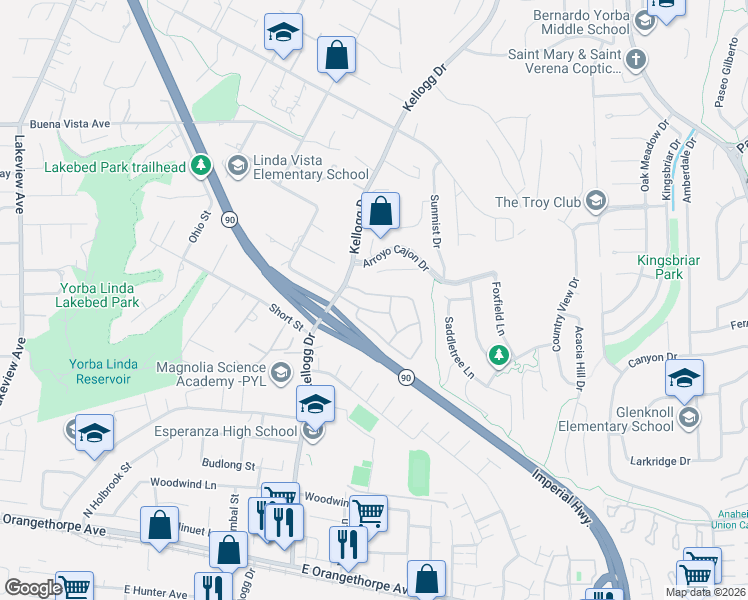map of restaurants, bars, coffee shops, grocery stores, and more near 19105 Grandview Avenue in Yorba Linda