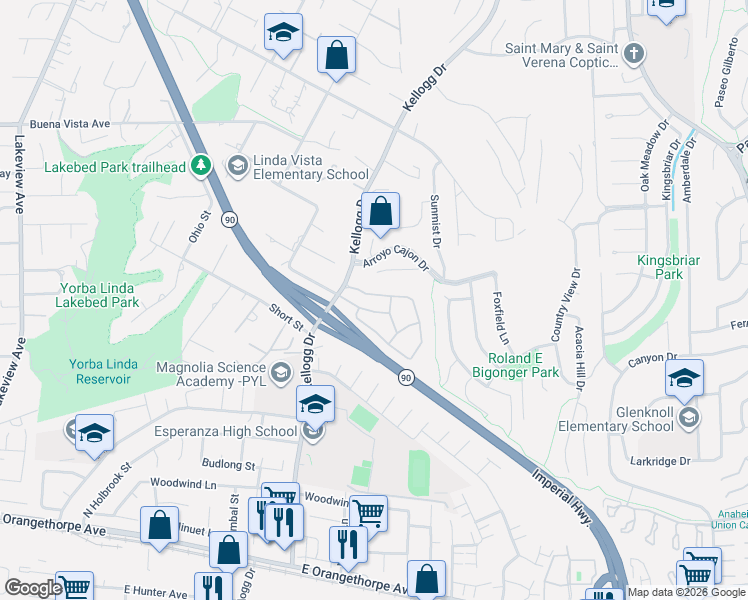 map of restaurants, bars, coffee shops, grocery stores, and more near 19032 Alamo Lane in Yorba Linda