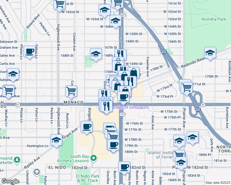 map of restaurants, bars, coffee shops, grocery stores, and more near 4415 Redondo Beach Boulevard in Lawndale