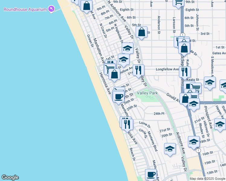 map of restaurants, bars, coffee shops, grocery stores, and more near 14 30th Place in Hermosa Beach