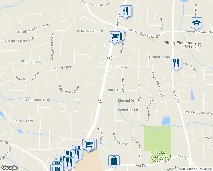 map of restaurants, bars, coffee shops, grocery stores, and more near 3247 Austell Road Southwest in Marietta