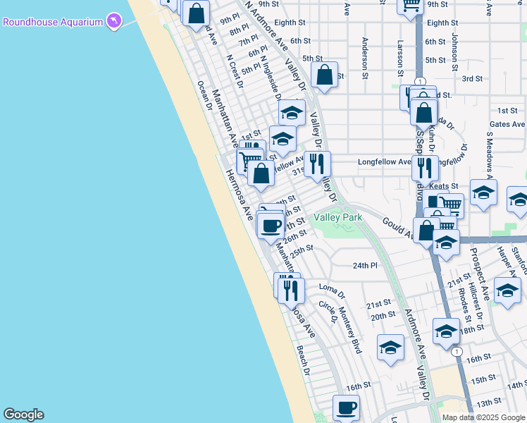 map of restaurants, bars, coffee shops, grocery stores, and more near 139 29th Street in Hermosa Beach