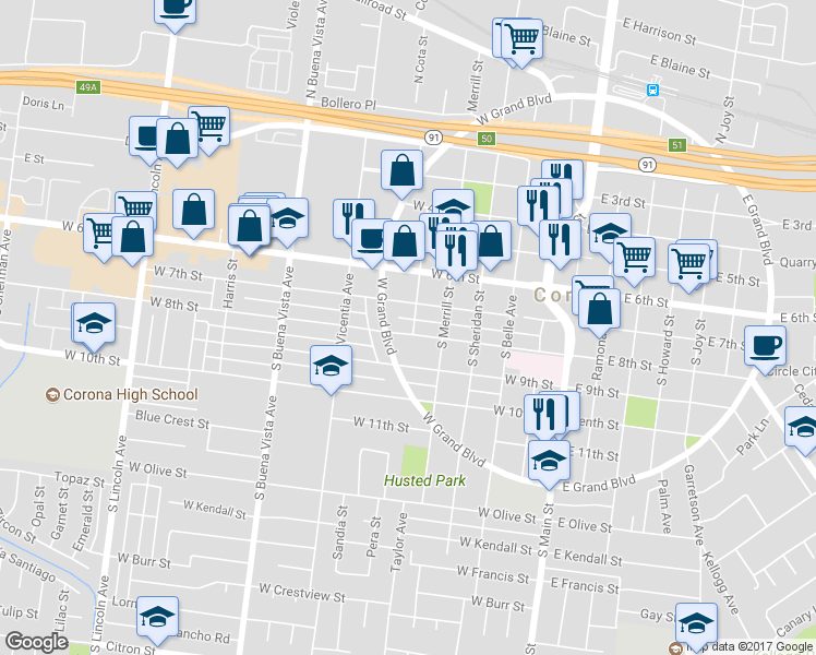 map of restaurants, bars, coffee shops, grocery stores, and more near 601 West 8th Street in Corona