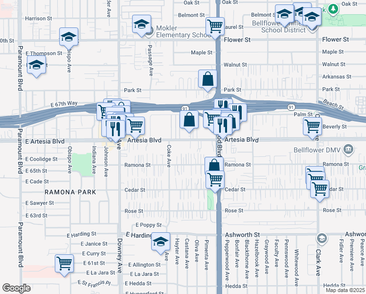 map of restaurants, bars, coffee shops, grocery stores, and more near 8724 Artesia Boulevard in Bellflower