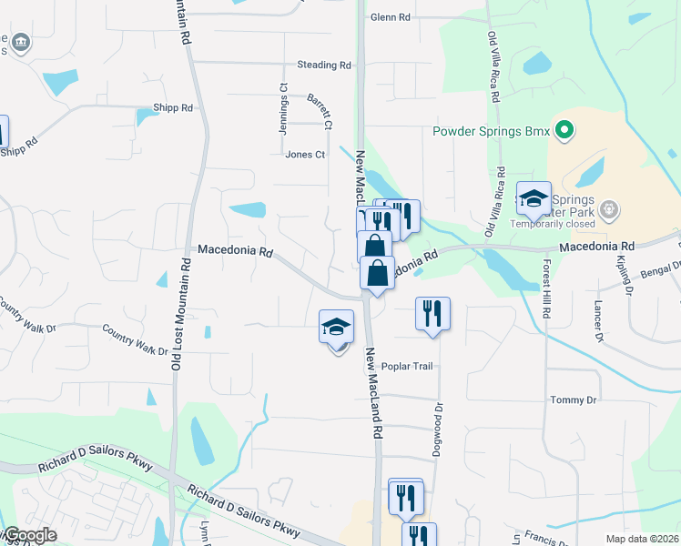 map of restaurants, bars, coffee shops, grocery stores, and more near 3354 Mooring Drive in Powder Springs