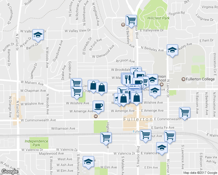map of restaurants, bars, coffee shops, grocery stores, and more near 244 Jacaranda Place in Fullerton