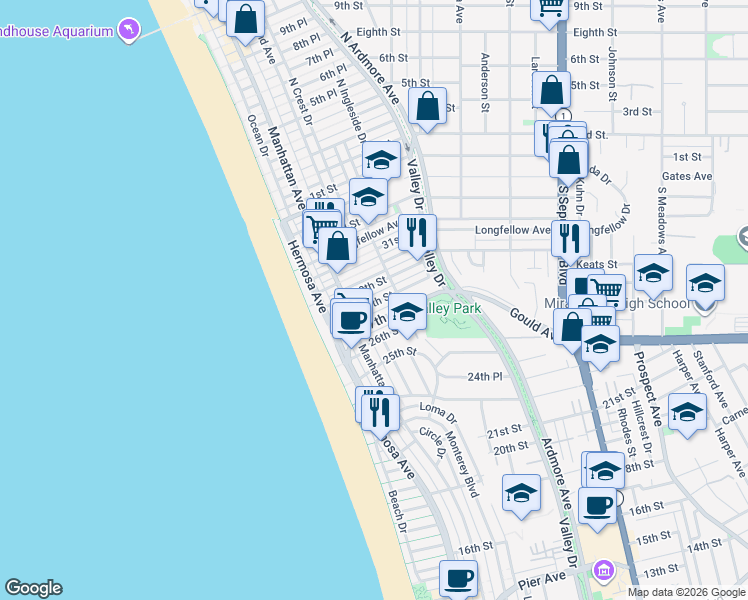 map of restaurants, bars, coffee shops, grocery stores, and more near 303 28th Street in Hermosa Beach