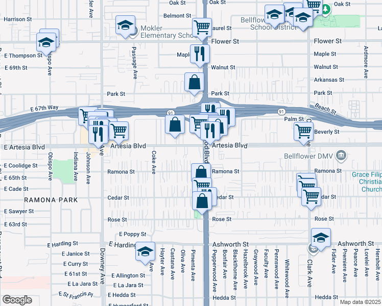 map of restaurants, bars, coffee shops, grocery stores, and more near 8826 Artesia Boulevard in Bellflower