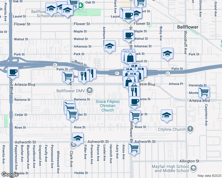 map of restaurants, bars, coffee shops, grocery stores, and more near 9626 Artesia Boulevard in Bellflower