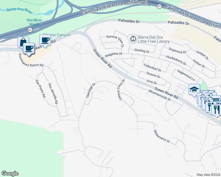 map of restaurants, bars, coffee shops, grocery stores, and more near 1412 San Clemente Circle in Corona