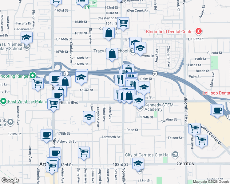 map of restaurants, bars, coffee shops, grocery stores, and more near 17260 Riviera Drive in Cerritos