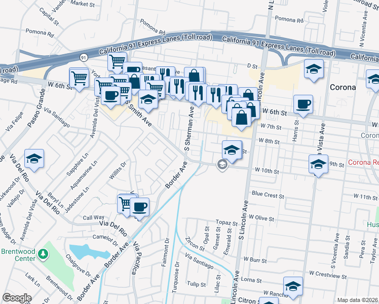 map of restaurants, bars, coffee shops, grocery stores, and more near 925 South Sherman Avenue in Corona