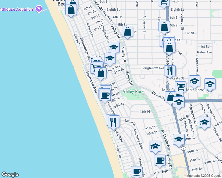 map of restaurants, bars, coffee shops, grocery stores, and more near 259 28th Street in Hermosa Beach