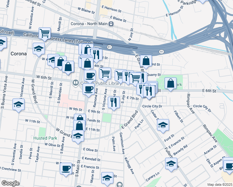 map of restaurants, bars, coffee shops, grocery stores, and more near 613 South Howard Street in Corona