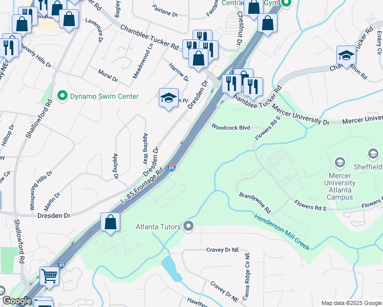 map of restaurants, bars, coffee shops, grocery stores, and more near 3355 Northeast Expressway in Atlanta