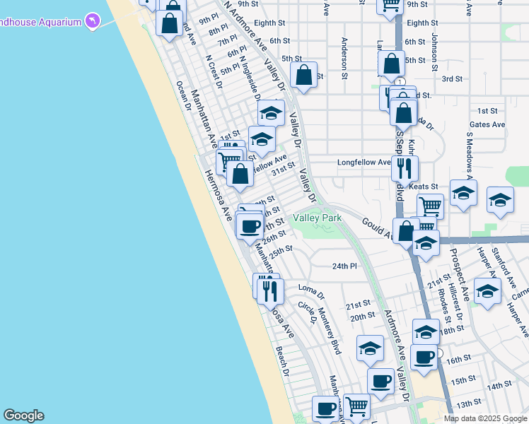 map of restaurants, bars, coffee shops, grocery stores, and more near 259 28th Street in Hermosa Beach