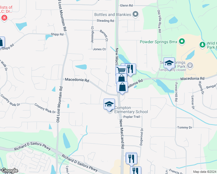 map of restaurants, bars, coffee shops, grocery stores, and more near 304 New Horizon Street in Powder Springs