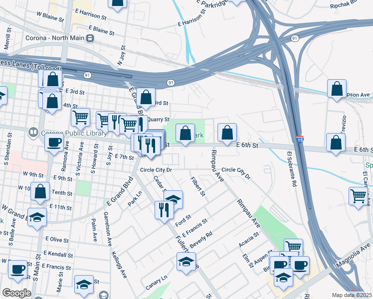 map of restaurants, bars, coffee shops, grocery stores, and more near 1032 East 6th Street in Corona
