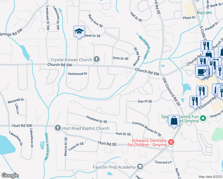 map of restaurants, bars, coffee shops, grocery stores, and more near 3346 Woodview Drive Southeast in Smyrna