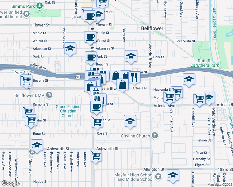 map of restaurants, bars, coffee shops, grocery stores, and more near 9928 Artesia Boulevard in Bellflower