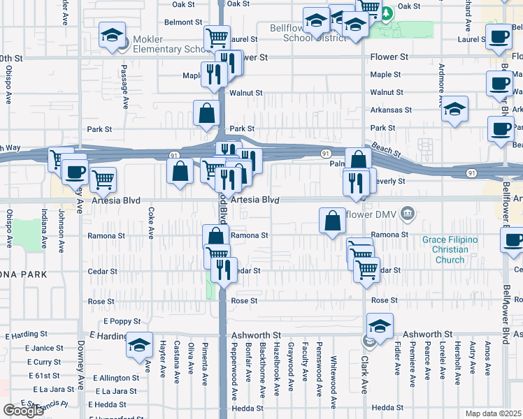 map of restaurants, bars, coffee shops, grocery stores, and more near 9068 Artesia Boulevard in Bellflower