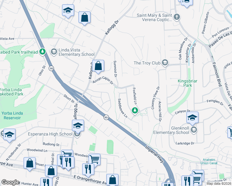 map of restaurants, bars, coffee shops, grocery stores, and more near 6021 Saddletree Lane in Yorba Linda