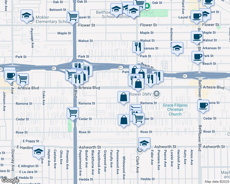 map of restaurants, bars, coffee shops, grocery stores, and more near 9230 Artesia Boulevard in Bellflower