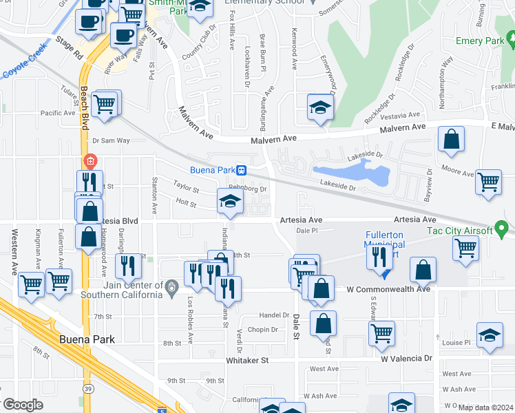 map of restaurants, bars, coffee shops, grocery stores, and more near 11 Travis Road in Buena Park