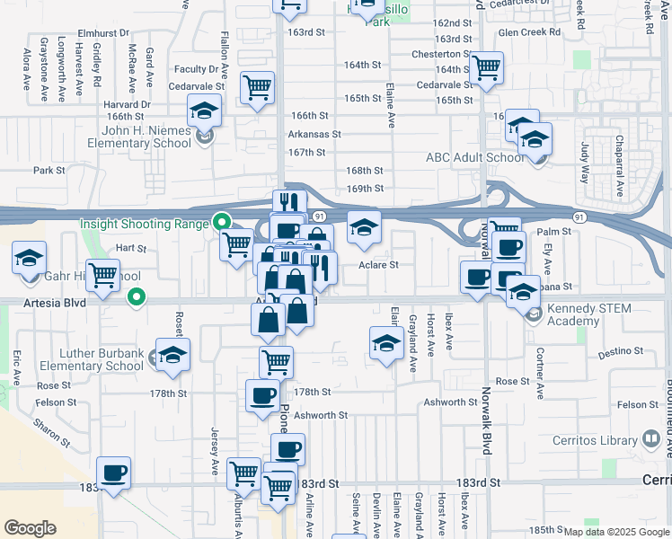 map of restaurants, bars, coffee shops, grocery stores, and more near 11900 Shasta Circle in Cerritos