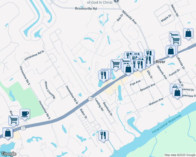 map of restaurants, bars, coffee shops, grocery stores, and more near 9286 Pinehurst Circle in Little River