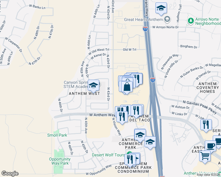 map of restaurants, bars, coffee shops, grocery stores, and more near 42923 North 43rd Drive in Phoenix