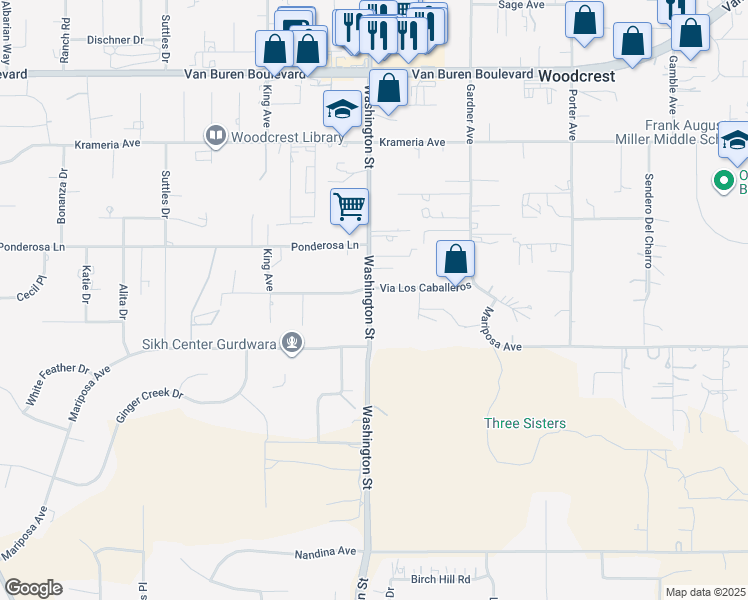 map of restaurants, bars, coffee shops, grocery stores, and more near 17011 Vía Los Caballeros in Riverside