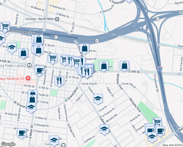 map of restaurants, bars, coffee shops, grocery stores, and more near 710 East 6th Street in Corona