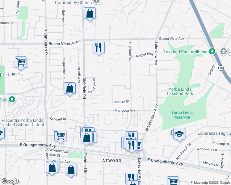 map of restaurants, bars, coffee shops, grocery stores, and more near 6032 Sun View Road in Yorba Linda