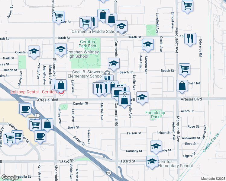 map of restaurants, bars, coffee shops, grocery stores, and more near 17303 Carmenita Rd in Cerritos
