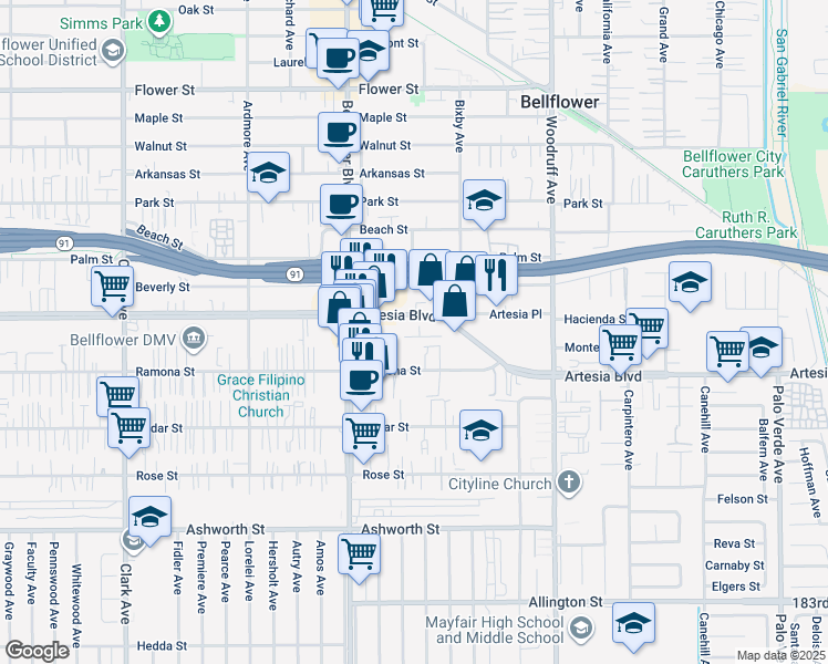 map of restaurants, bars, coffee shops, grocery stores, and more near 9908 Artesia Boulevard in Bellflower