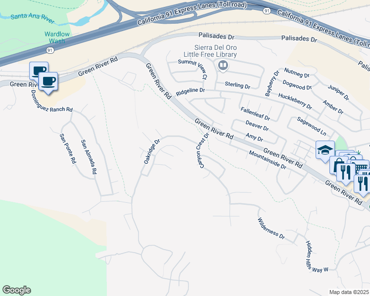 map of restaurants, bars, coffee shops, grocery stores, and more near 1412 San Clemente Circle in Corona