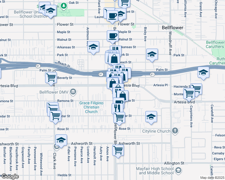 map of restaurants, bars, coffee shops, grocery stores, and more near 17404 Bellflower Boulevard in Bellflower
