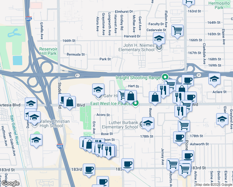 map of restaurants, bars, coffee shops, grocery stores, and more near 11336 Aclare Circle in Cerritos