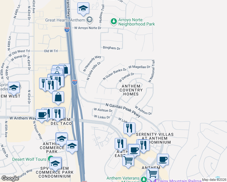 map of restaurants, bars, coffee shops, grocery stores, and more near 42932 North Raleigh Court in New River