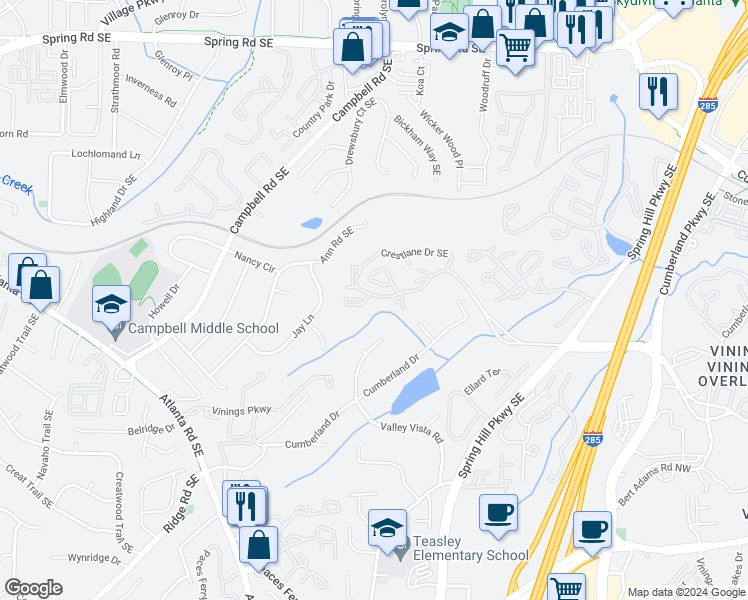 map of restaurants, bars, coffee shops, grocery stores, and more near 1305 Crestlane Drive Southeast in Smyrna